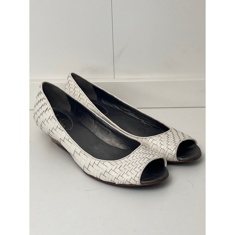 COLE HAAN White Woven Leather Open Toe Slip On Flats